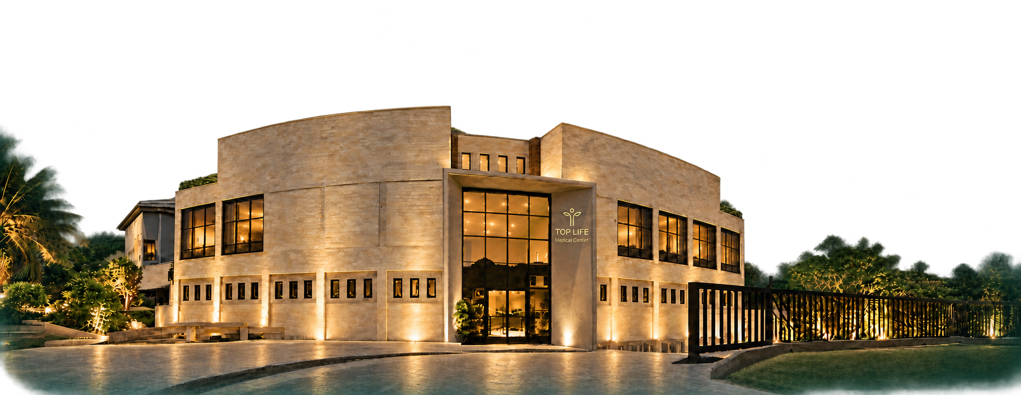 The real Top Life clinic, illuminated at Golden Square, Mivida, with its entrance and sign visible